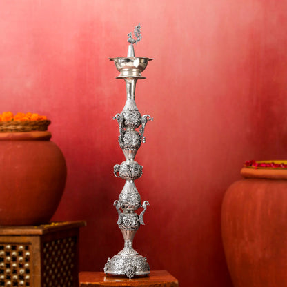 Brass Silver Plated Peacock Design Samai Oil Lamp (32.5 Inch)
