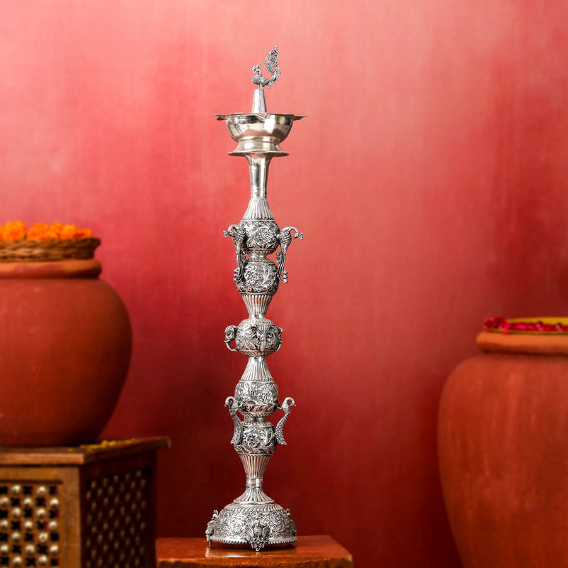 Brass Silver Plated Peacock Design Samai Oil Lamp (32.5 Inch)