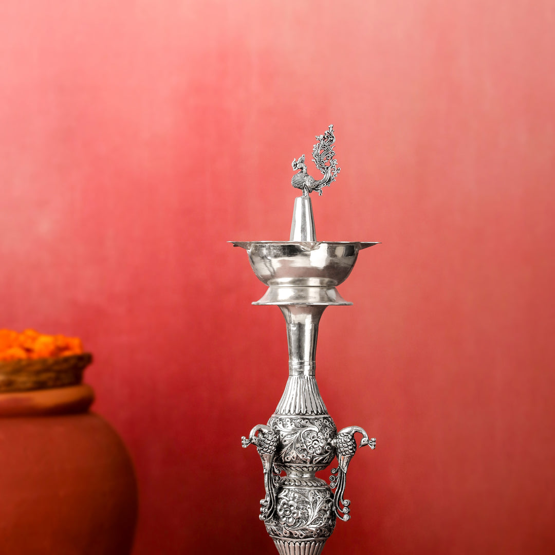 Brass Silver Plated Peacock Design Samai Oil Lamp (32.5 Inch)