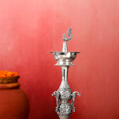 Brass Silver Plated Peacock Design Samai Oil Lamp (32.5 Inch)