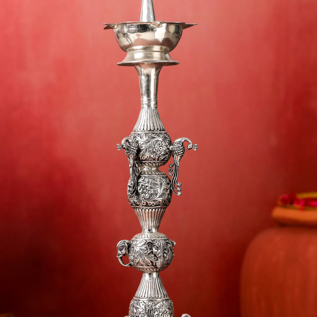 Brass Silver Plated Peacock Design Samai Oil Lamp (32.5 Inch)