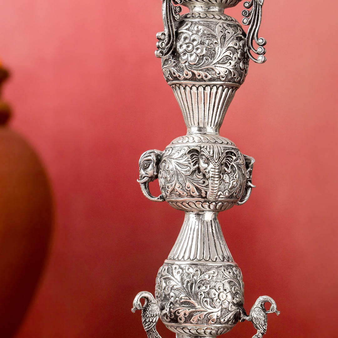 Brass Silver Plated Peacock Design Samai Oil Lamp (32.5 Inch)