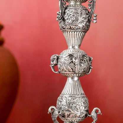 Brass Silver Plated Peacock Design Samai Oil Lamp (32.5 Inch)