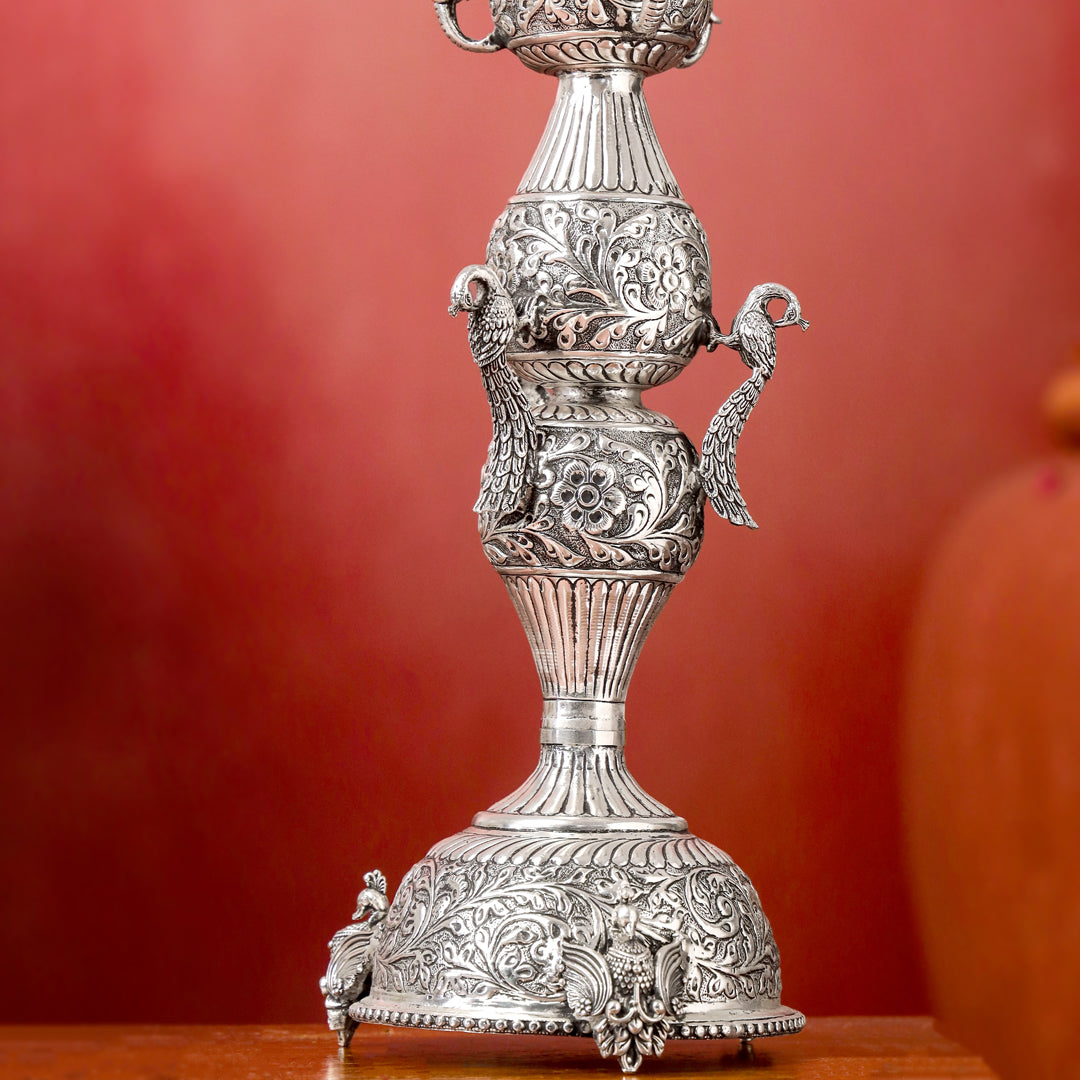 Brass Silver Plated Peacock Design Samai Oil Lamp (32.5 Inch)