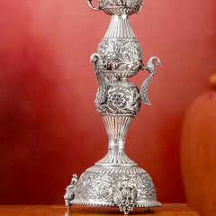 Brass Silver Plated Peacock Design Samai Oil Lamp (32.5 Inch)