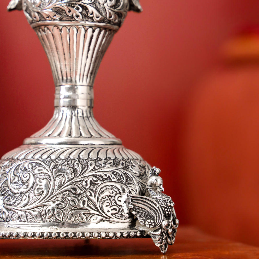 Brass Silver Plated Peacock Design Samai Oil Lamp (32.5 Inch)