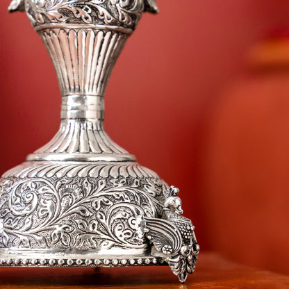 Brass Silver Plated Peacock Design Samai Oil Lamp (32.5 Inch)
