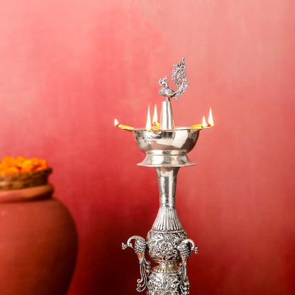 Brass Silver Plated Peacock Design Samai Oil Lamp (32.5 Inch)