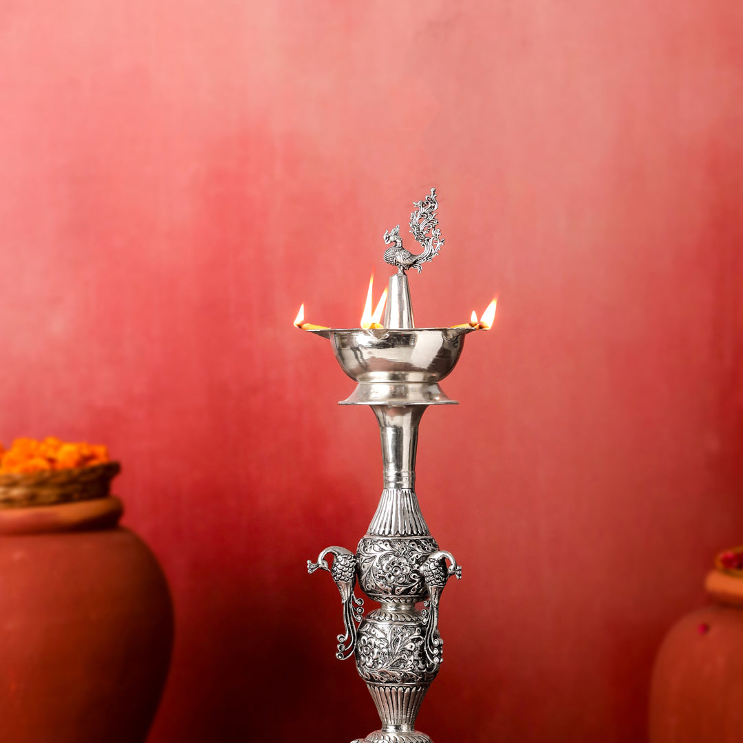 Brass Silver Plated Peacock Design Samai Oil Lamp (32.5 Inch)