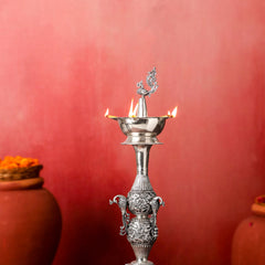 Brass Silver Plated Peacock Design Samai Oil Lamp (32.5 Inch)