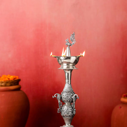 Brass Silver Plated Peacock Design Samai Oil Lamp (32.5 Inch)