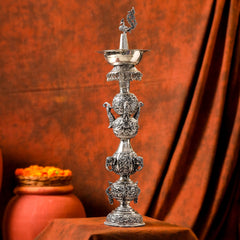 Brass Silver Plated Peacock Design Samai Oil Lamp (23.8 Inch)