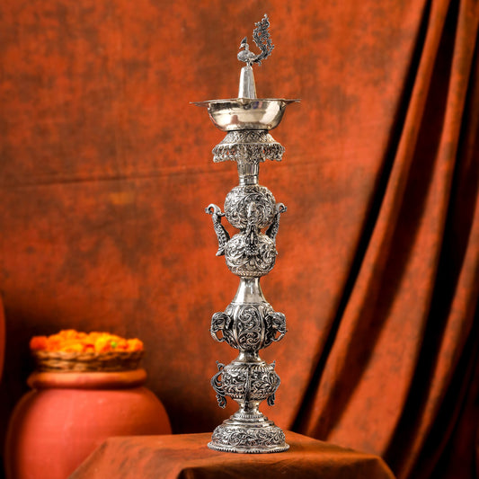 Brass Silver Plated Peacock Design Samai Oil Lamp (23.8 Inch)