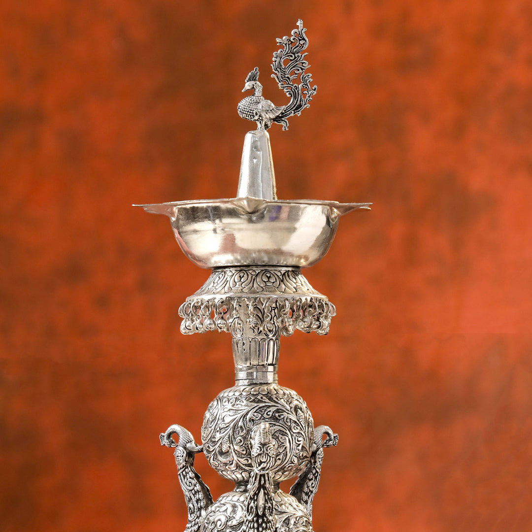 Brass Silver Plated Peacock Design Samai Oil Lamp (23.8 Inch)