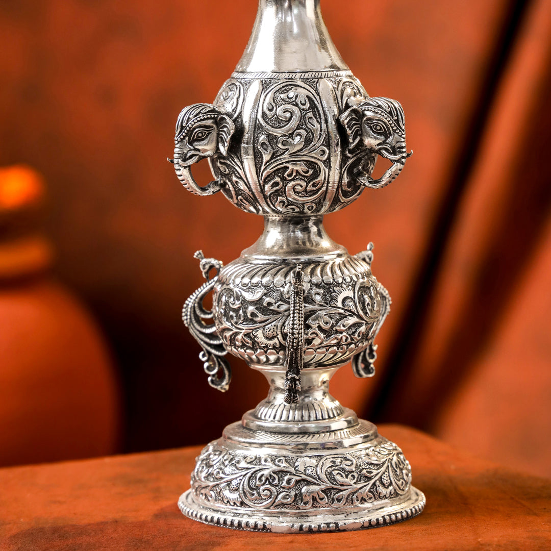 Brass Silver Plated Peacock Design Samai Oil Lamp (23.8 Inch)