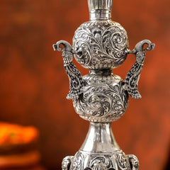 Brass Silver Plated Peacock Design Samai Oil Lamp (23.8 Inch)