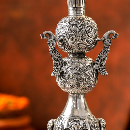 Brass Silver Plated Peacock Design Samai Oil Lamp (23.8 Inch)