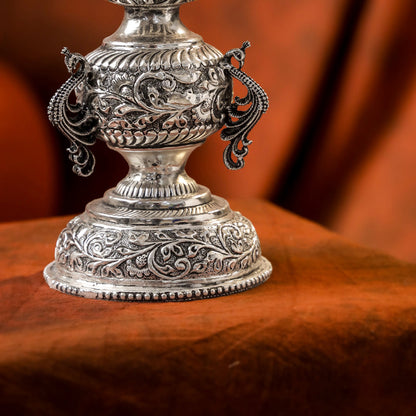 Brass Silver Plated Peacock Design Samai Oil Lamp (23.8 Inch)