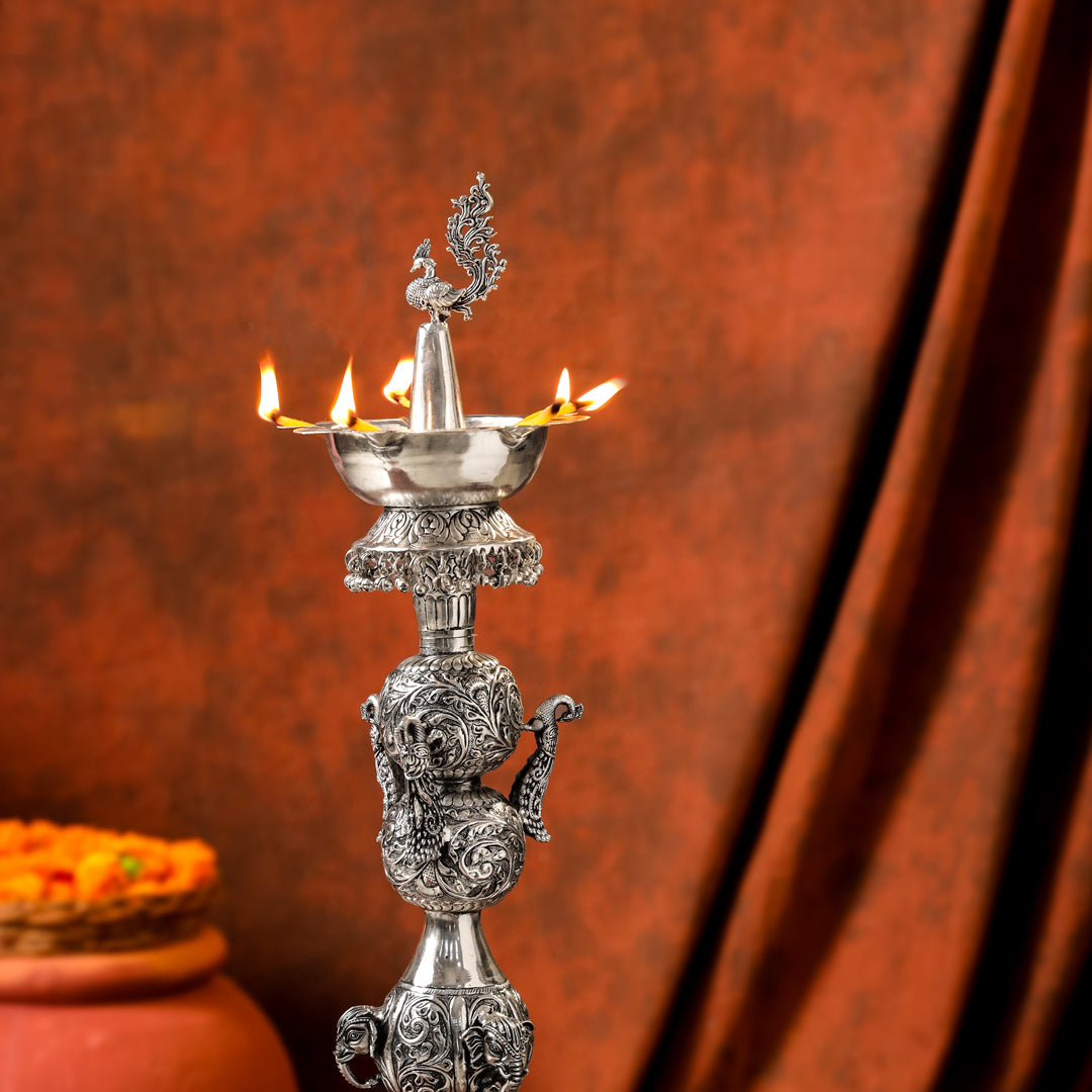 Brass Silver Plated Peacock Design Samai Oil Lamp (23.8 Inch)