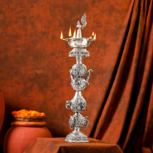 Brass Silver Plated Peacock Design Samai Oil Lamp (23.8 Inch)