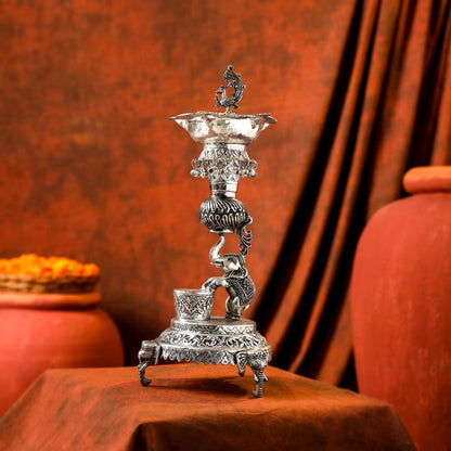 Brass Silver Plated Elephant / Peacock Design Oil Lamp (14.1 Inch)