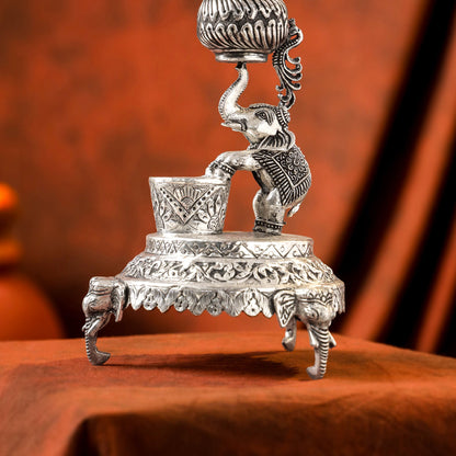 Brass Silver Plated Elephant / Peacock Design Oil Lamp (14.1 Inch)