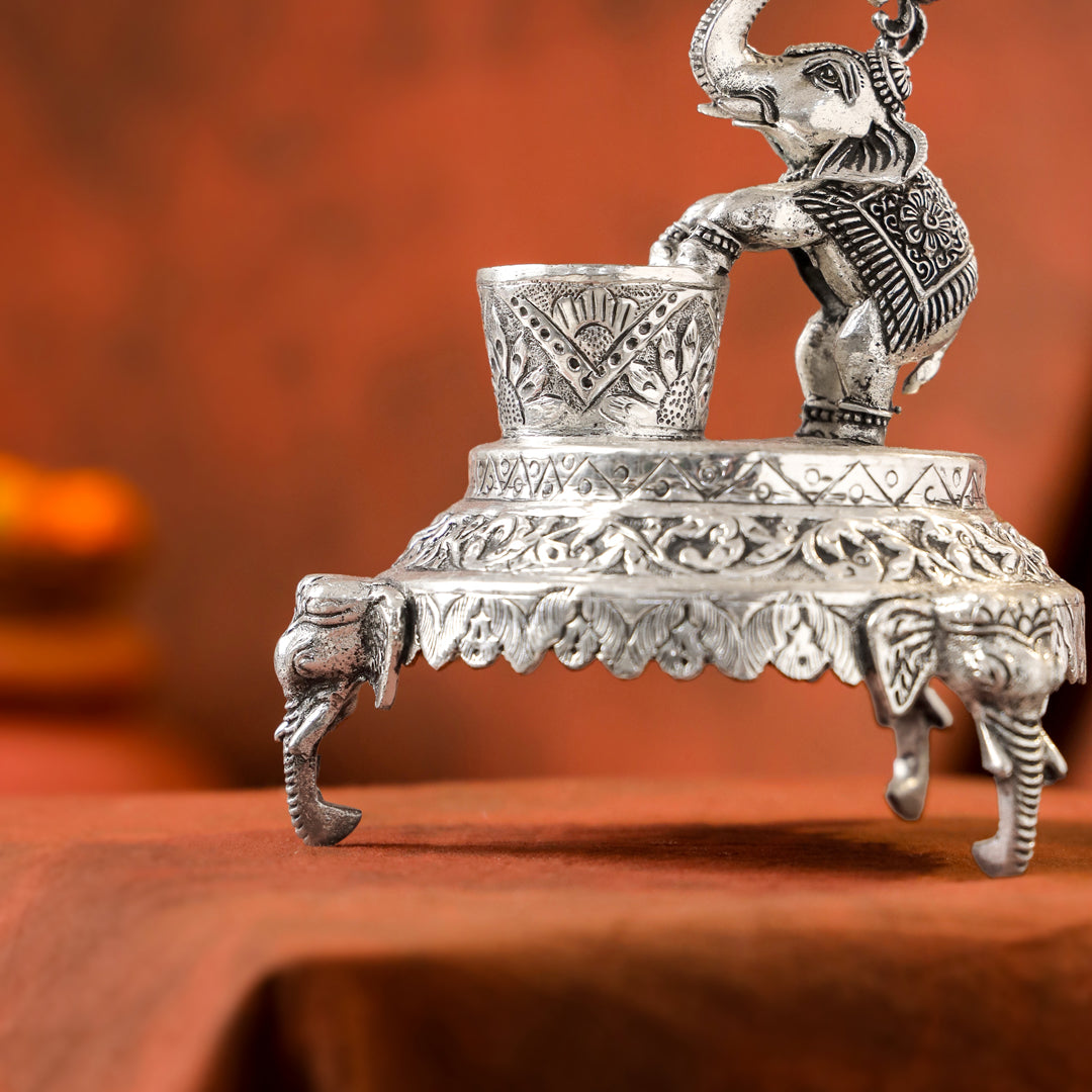 Brass Silver Plated Elephant / Peacock Design Oil Lamp (14.1 Inch)