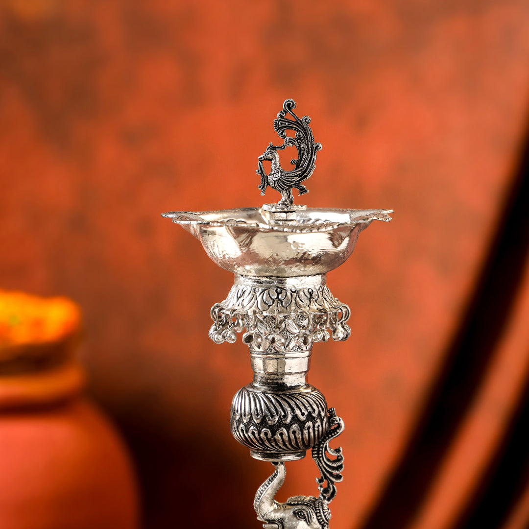 Brass Silver Plated Elephant / Peacock Design Oil Lamp (14.1 Inch)