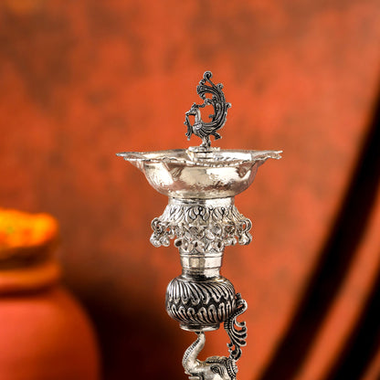 Brass Silver Plated Elephant / Peacock Design Oil Lamp (14.1 Inch)