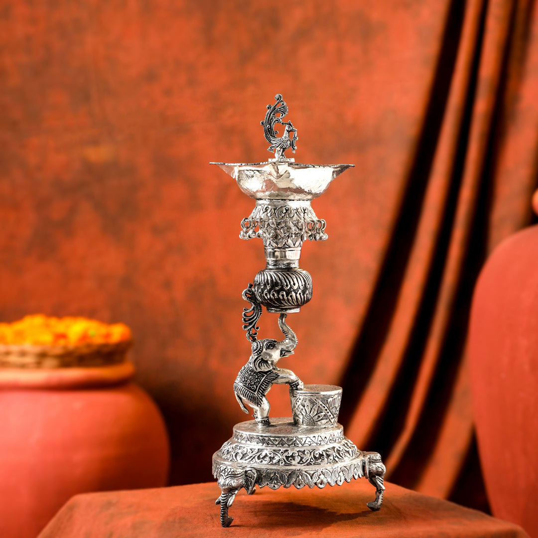 Brass Silver Plated Elephant / Peacock Design Oil Lamp (14.1 Inch)