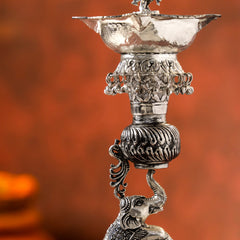 Brass Silver Plated Elephant / Peacock Design Oil Lamp (14.1 Inch)