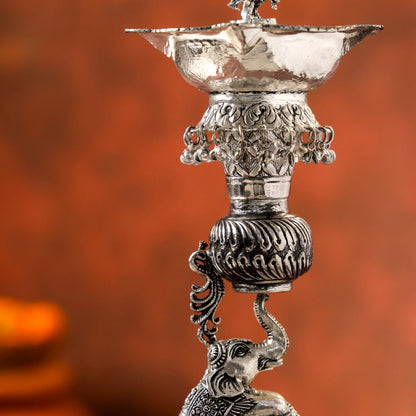 Brass Silver Plated Elephant / Peacock Design Oil Lamp (14.1 Inch)