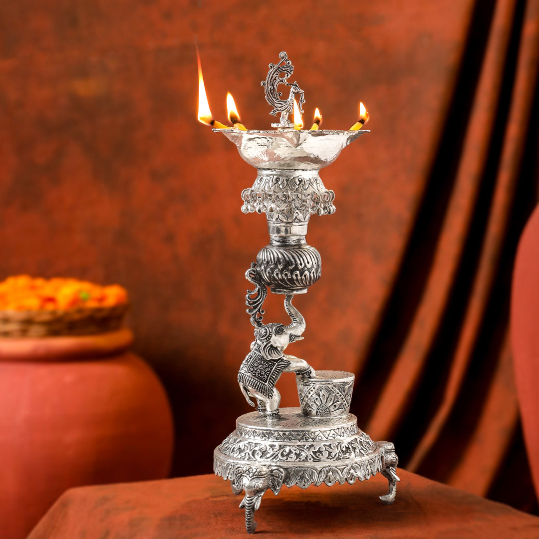 Brass Silver Plated Elephant / Peacock Design Oil Lamp (14.1 Inch)