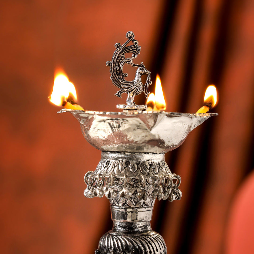 Brass Silver Plated Elephant / Peacock Design Oil Lamp (14.1 Inch)
