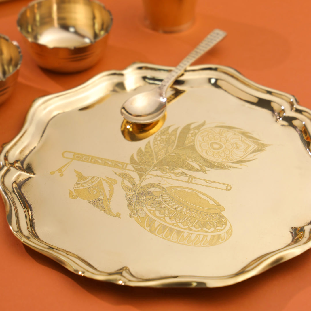 Brass Pooja Bhog Thali Set – Laddu Gopal & Matka Murli Design (8 Inch)