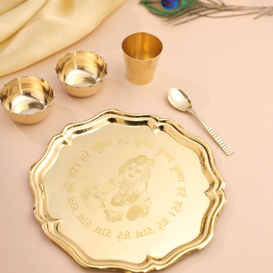 Brass Pooja Bhog Thali Set – Laddu Gopal & Matka Murli Design (8 Inch)