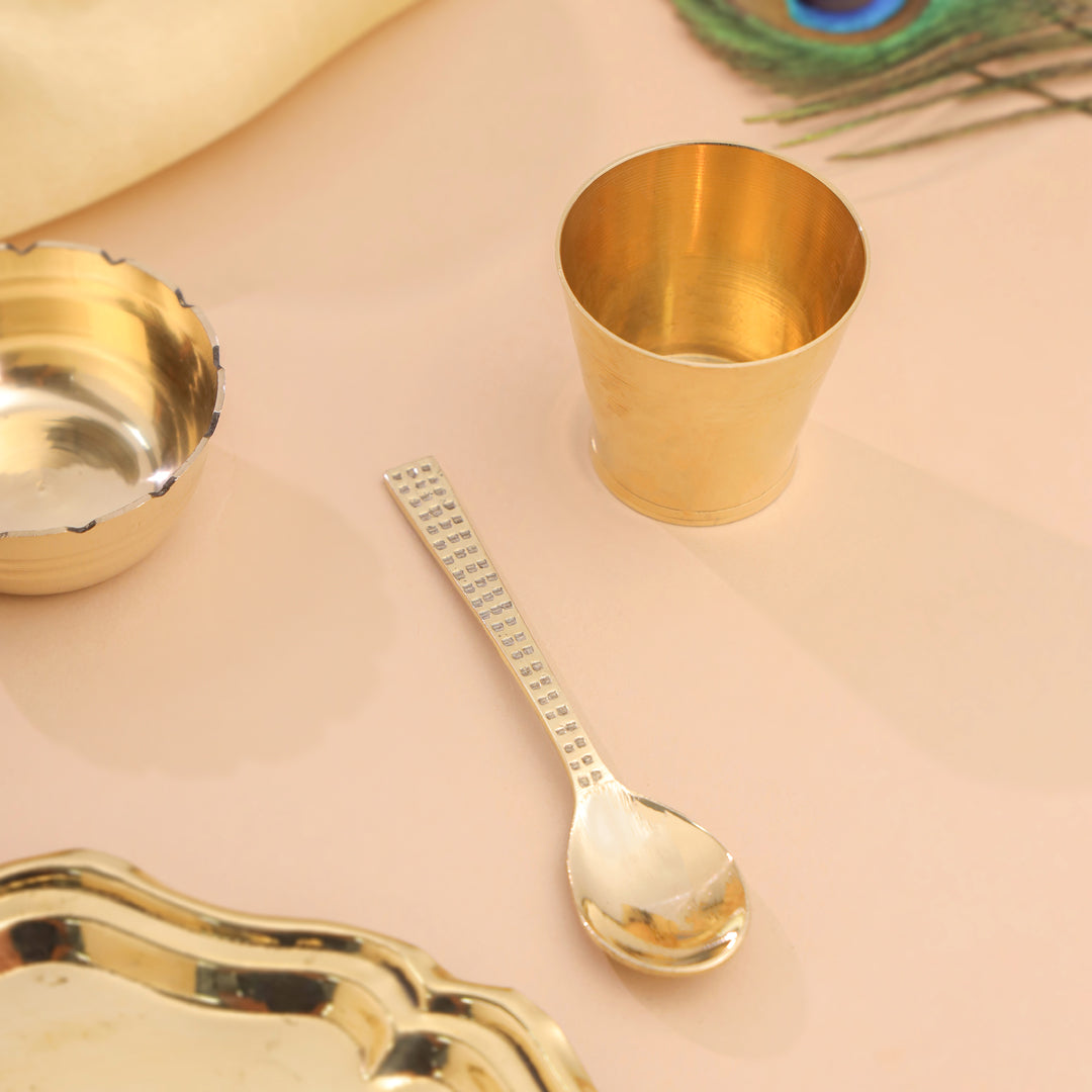 Brass Pooja Bhog Thali Set – Laddu Gopal & Matka Murli Design (8 Inch)