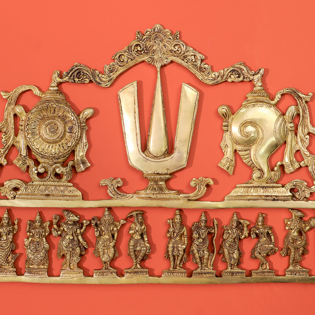 Brass Shankh Chakra Namah & Dashavatara Wall Hanging (14.7 Inch)