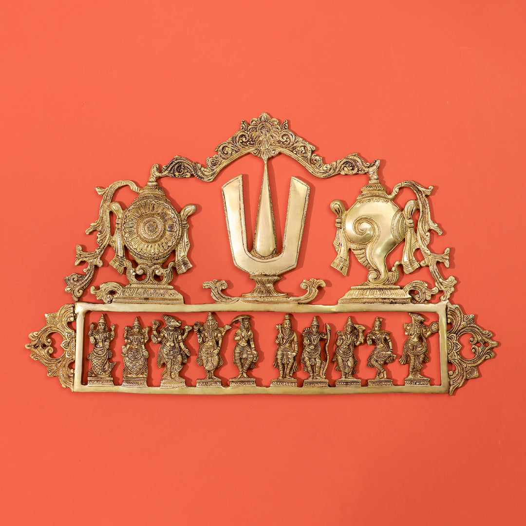 Brass Shankh Chakra Namah & Dashavatara Wall Hanging (14.7 Inch)