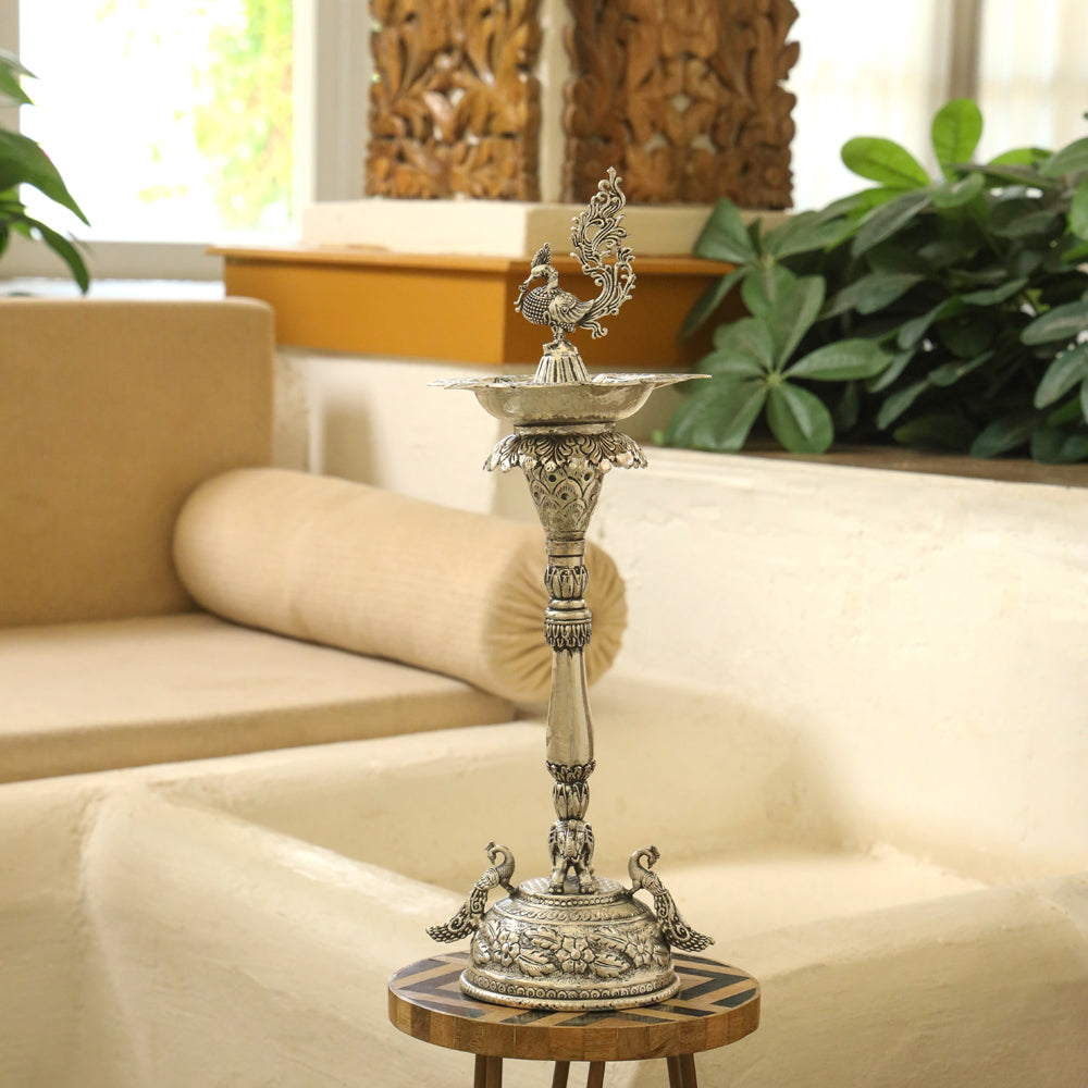 Silver plated Brass Peacock Long Lamp (17.5 INCH)