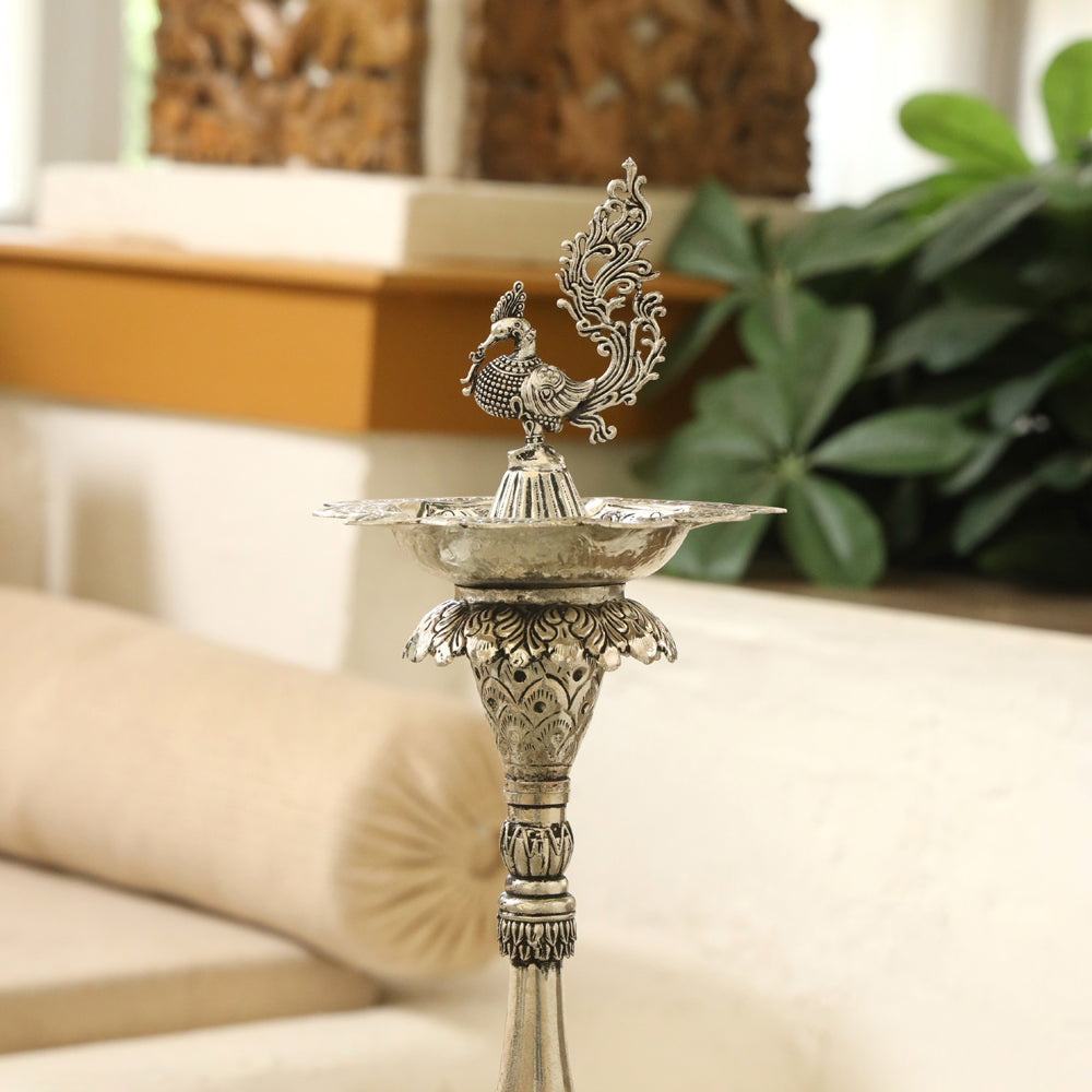 Silver plated Brass Peacock Long Lamp (17.5 INCH)