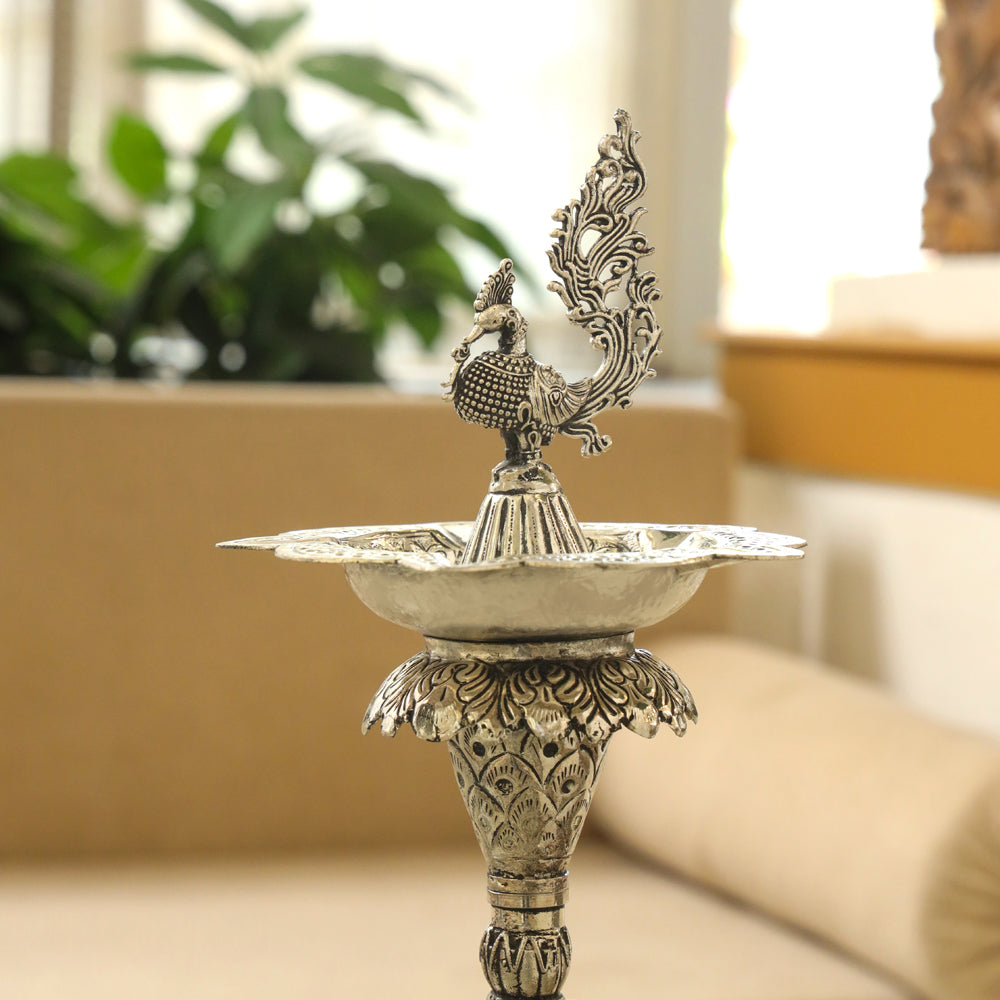 Silver plated Brass Peacock Long Lamp (17.5 INCH)