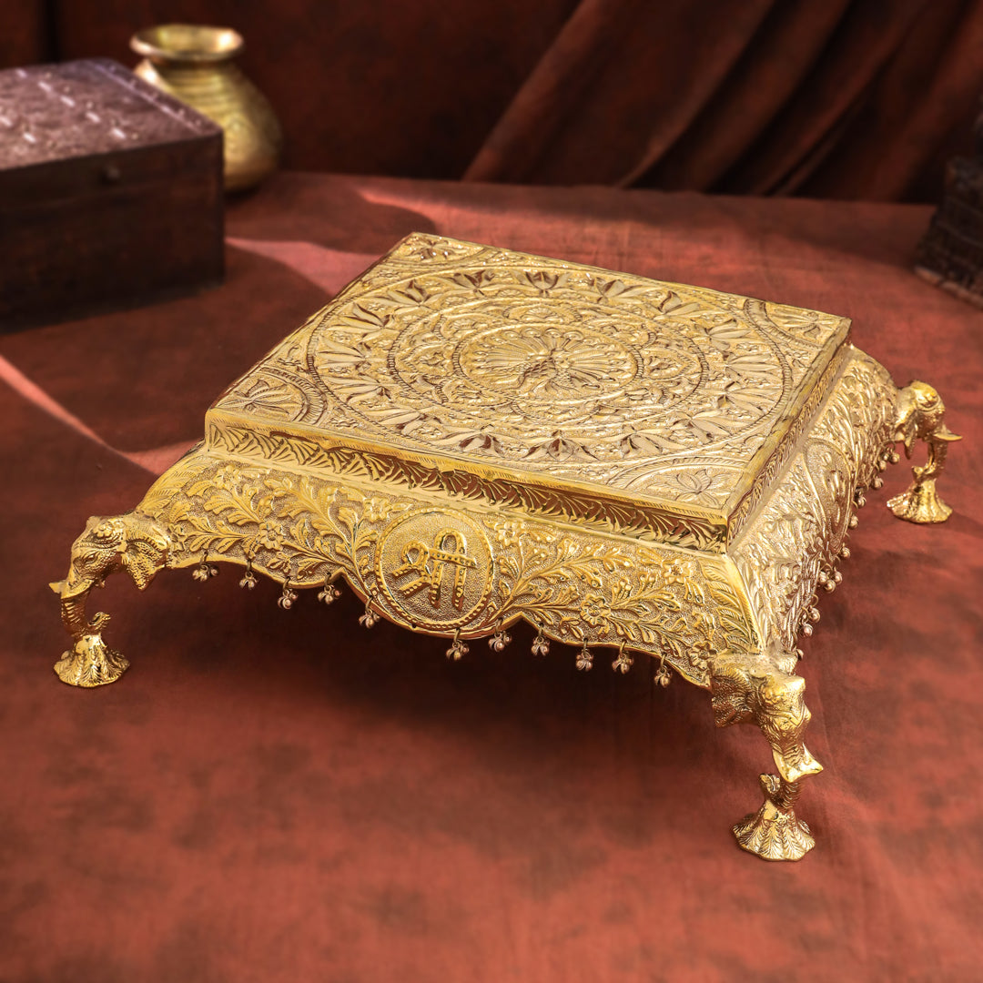 Brass Handcrafted Chowki with Elephant Leg (6.3 Inch)
