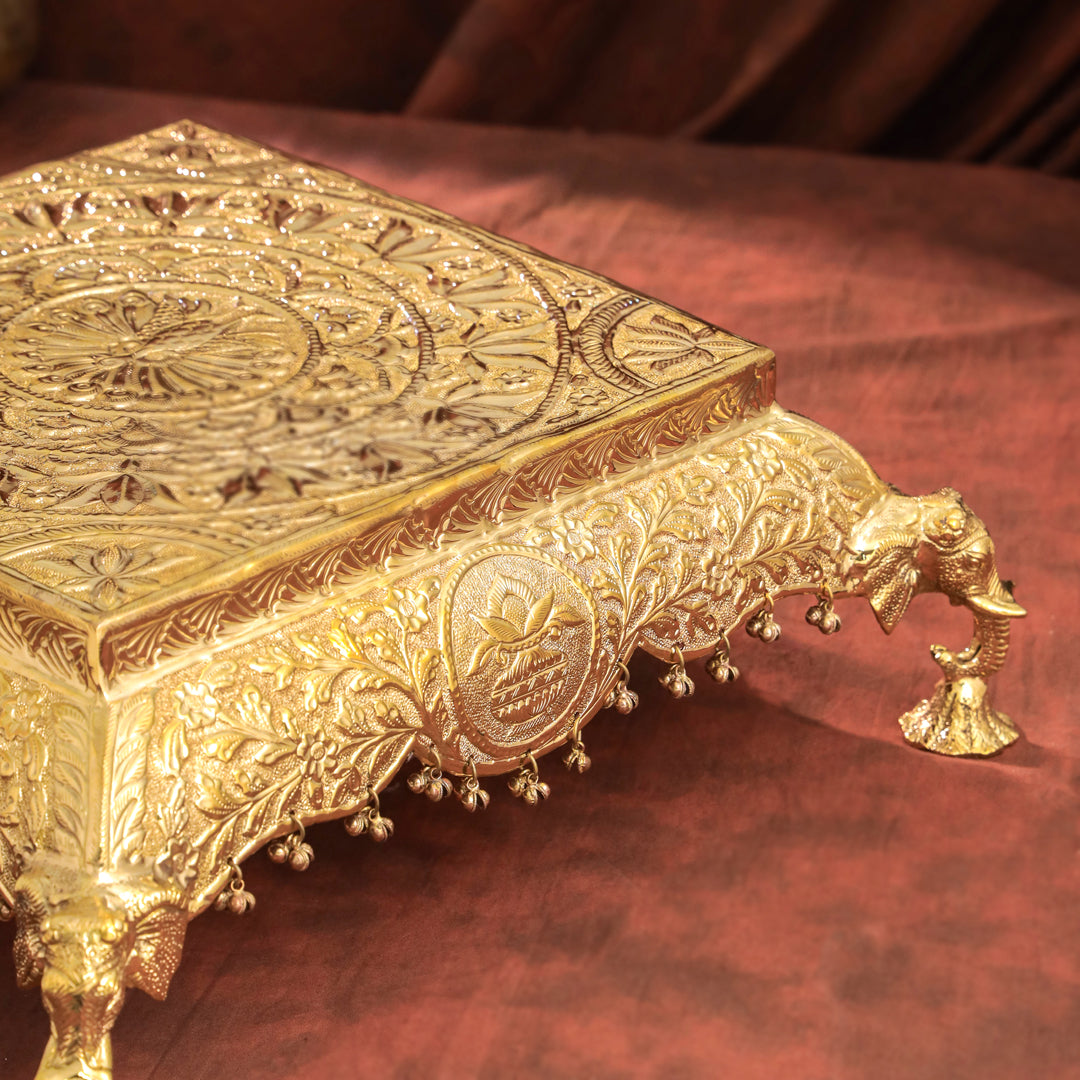 Brass Handcrafted Chowki with Elephant Leg (6.3 Inch)