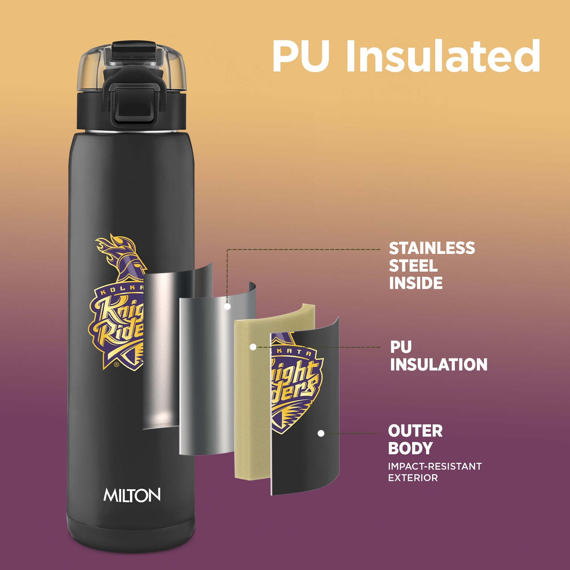 Sports Steel Edge UV Printing Thermoware Bottle With Twin Lid - Kolkata Knight Riders (KKR) - Milton