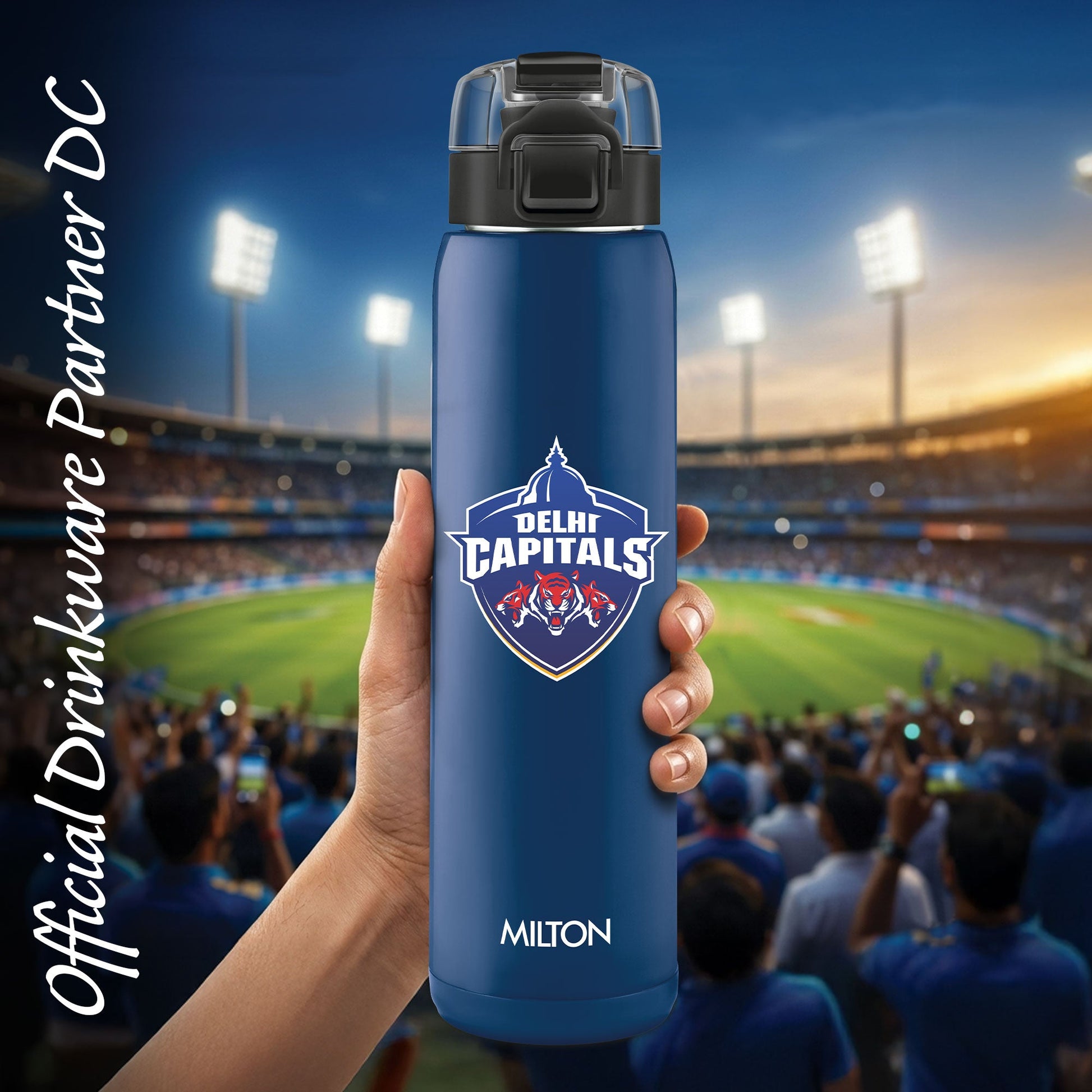 Sports Steel Edge UV Printing Thermoware Bottle With Twin Lid - Delhi Capitals (DC) - Milton