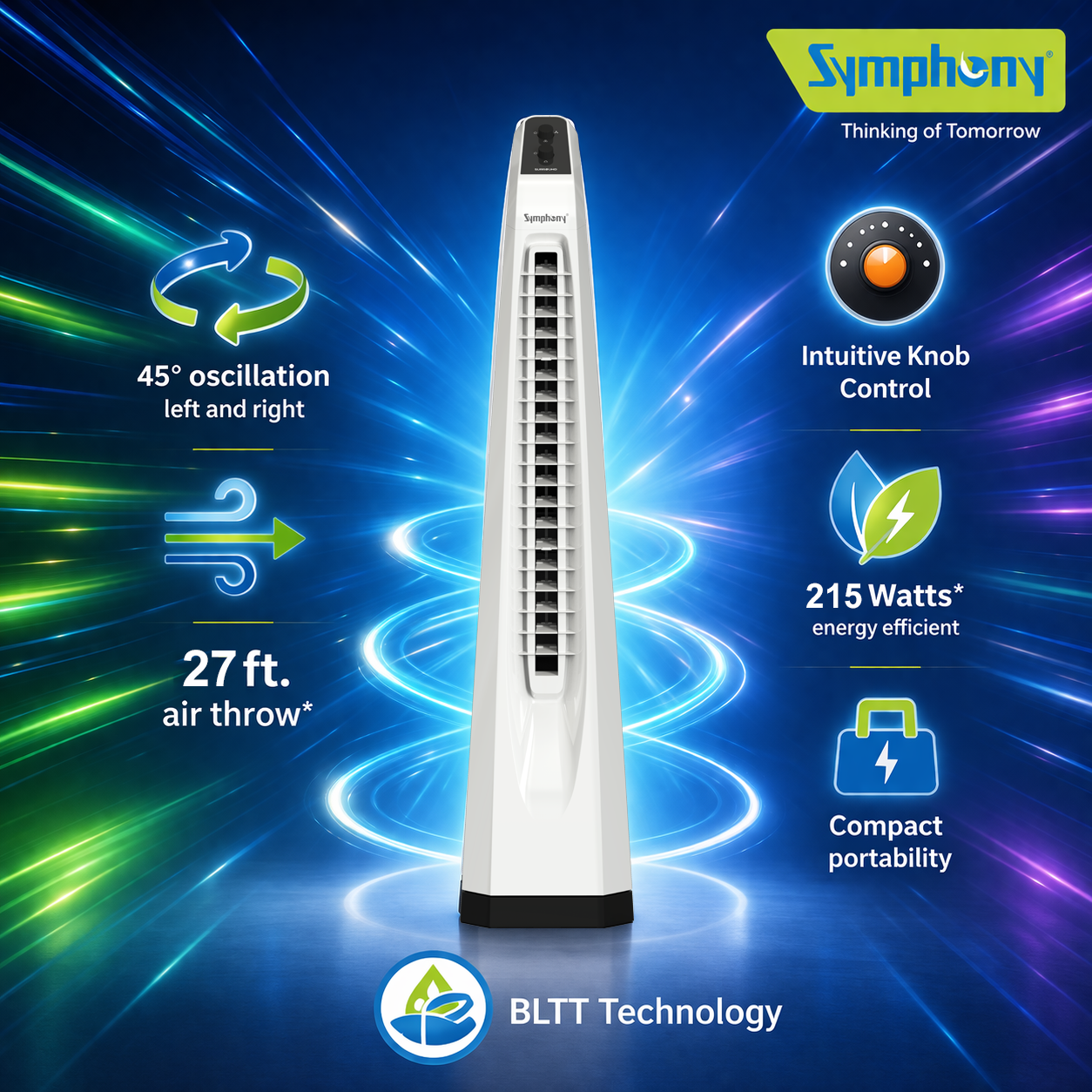 Surround Senior White Bladeless Tower Fan | Knob Control | Bladeless Turbo Throw (BLTT) Technology