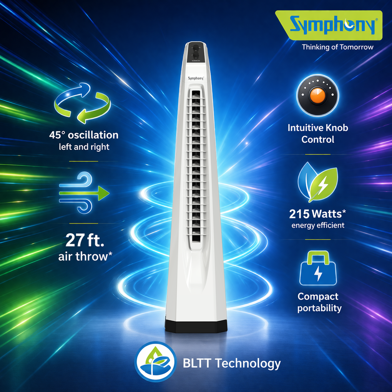 Surround Senior White Bladeless Tower Fan | Knob Control | Bladeless Turbo Throw (BLTT) Technology