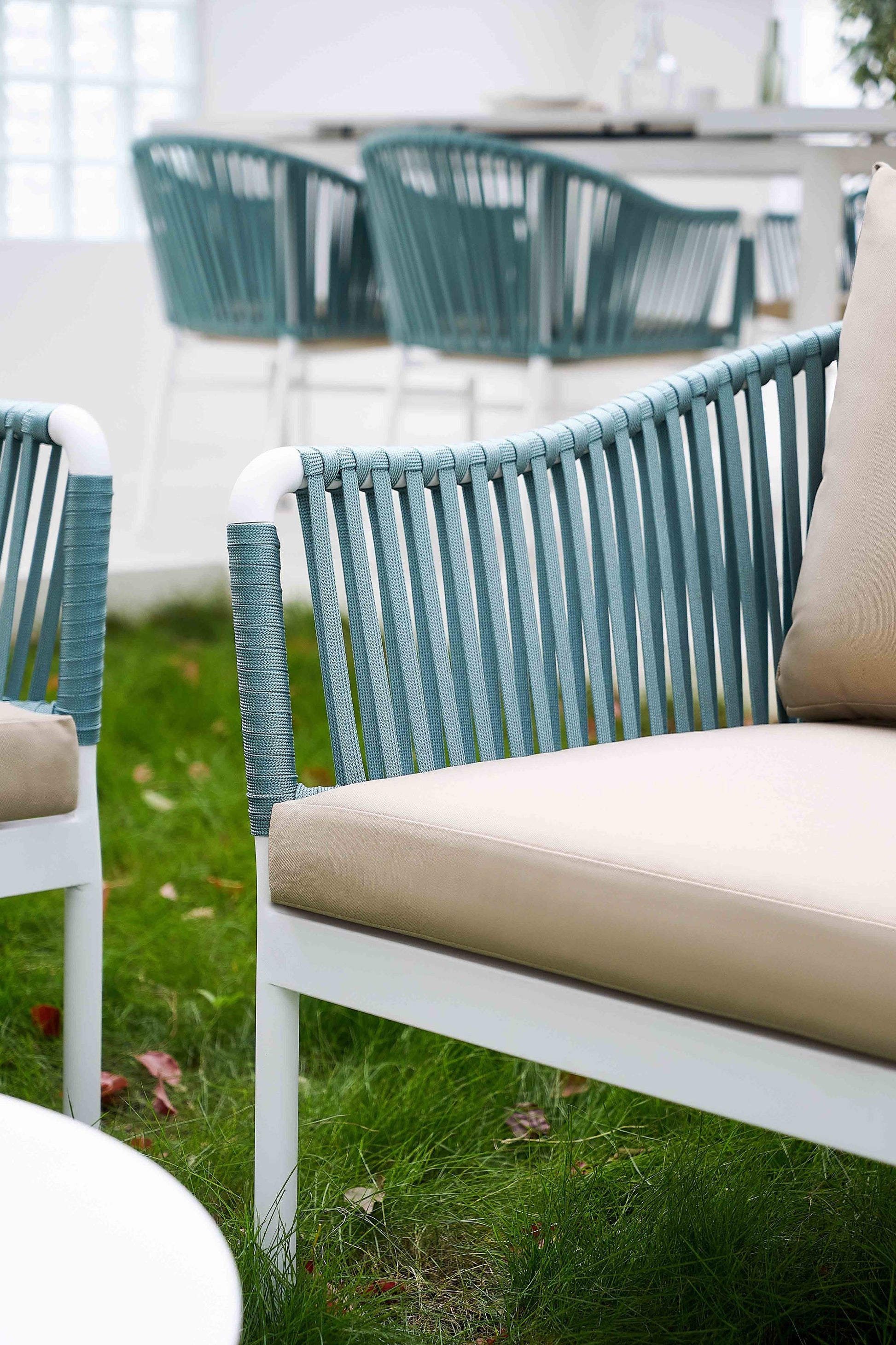 Furnixa Outdoor Garden Balcony Sofa Set 2 Seater, 2 Single seater and 1 Center Table Set, Braid & Rope (White + Blue)