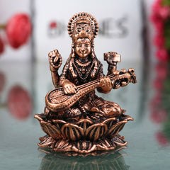 Copper Saraswati Idol Tamra Saraswathi Murti Vagdevi Veena Vadini Sharada Devi Bharati Kalaivani Vidya Saraswati Hansavahini Pustaka Dharini Statue for Puja Home Decor Temple Sculpture, Brown, 2 Inch, 1 Piece